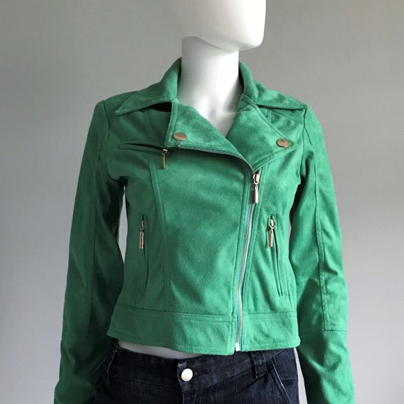 Green Jacket - Faux Suede Biker Jacket in Green - Picture 3 of 5